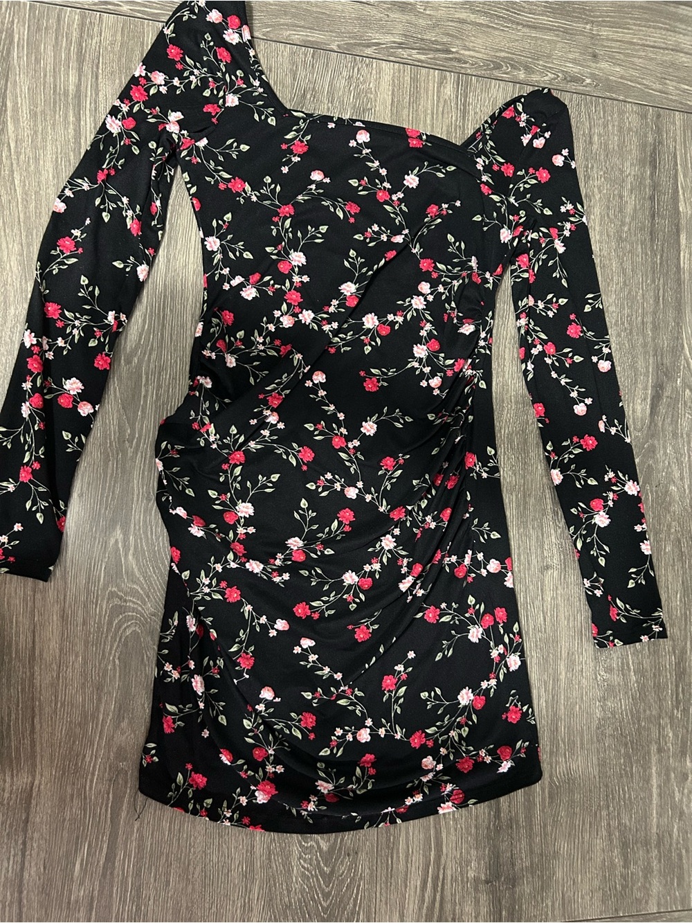 PERSAYA – Black Floral Ruched Draped Dress, Great for Pregnancy